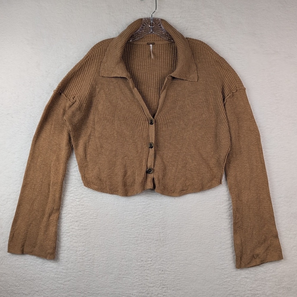 Free People Ella Sweater Shirt Women's Large Ribbed Cropped Cardigan Iced Coffee